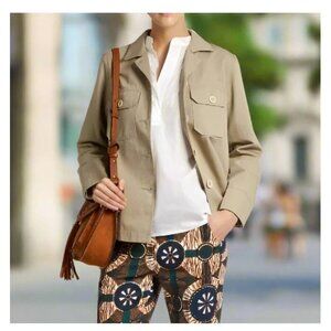 Max Mara Boxy Cotton Linen Jacket Womens 4 Khaki Button Up Spring Pockets